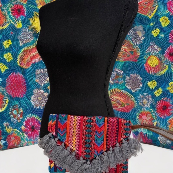 Ethnic Boho Large Clutch Suede Wristlet Bag Handmade Embroidery Tassels Indi NEW